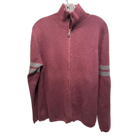 Gap Mens Full-Zip Burgundy Sweater With Gray Stripes On Sleeves - Picture 5 of 12